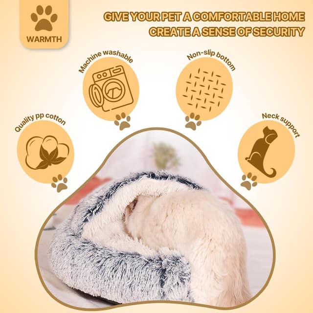 Detalle de YIGAARUI Calming Dog Bed (Large, 50cm inner cave) – fluffy plush cave bed for pets under 10kg