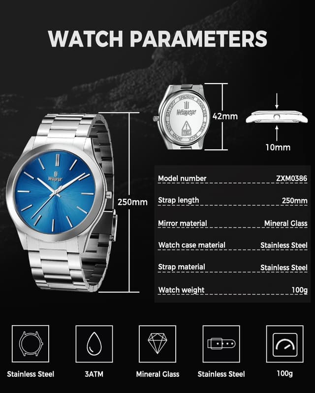 Detalle de Weayege Herren Analog-Uhr mit Quarzwerk und Edelstahl-Meshband (44 mm)