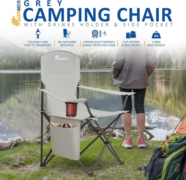 Detalle de SUNMER Folding Camping Chair (Extra Wide, Armrests & Cup Holder) – Light Grey, 120 kg capacity