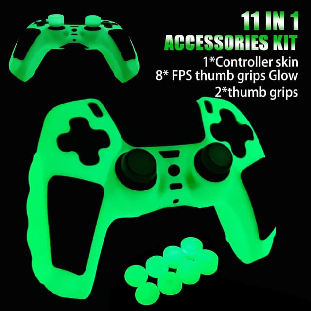 Detalle 2 de HLRAO Glow in the Dark PS5 controller skin with thumb grips (green) – anti-slip silicone cover kit