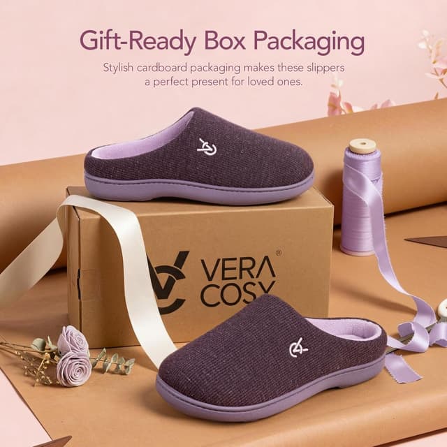 Detalle de VeraCosy women’s two-tone memory foam slippers with waffle knit upper and non-slip TPR sole