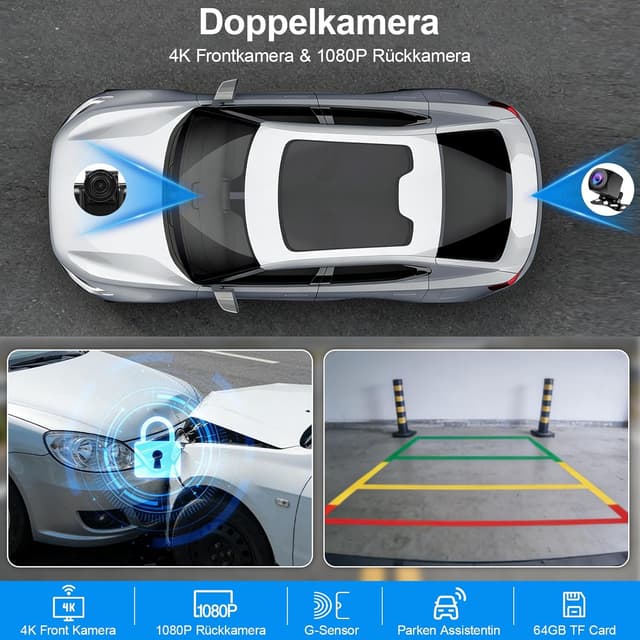 Detalle de 10,26-Zoll Wireless CarPlay/Android Auto Display mit 4K Dashcam & Rückfahrkamera, Bluetooth, Split Screen und FM/AUX