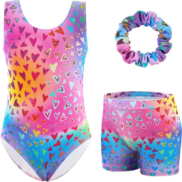 Detalle de XiaoMoSha girls’ three-piece gymnastics leotards set (sleeveless leotard, shorts and hairband), ages 3–12
