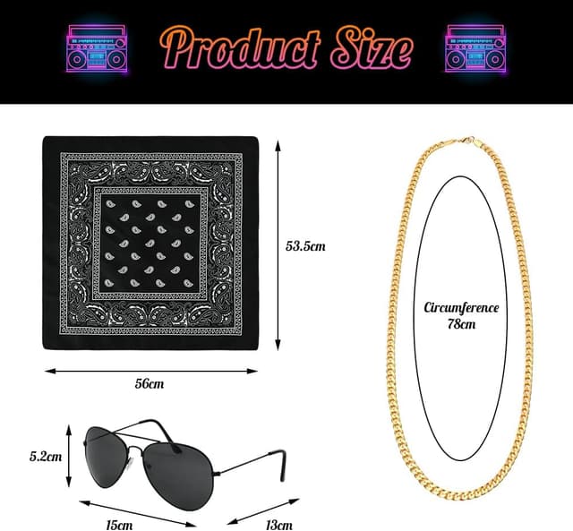 Detalle de Aomig Rocker Punker Kostüm-Set: Bandanas, Goldkette und Sonnenbrille im 80/90er-Style