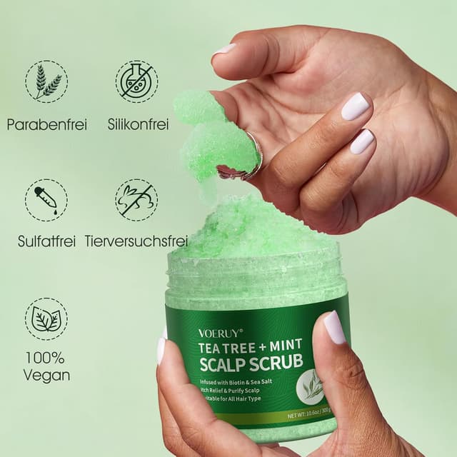 Detalle 2 de Teebaum-Kopfhautpeeling-Shampoo 2-in-1 mit Minzöl und Kopfhautmassagegerät (300 g)