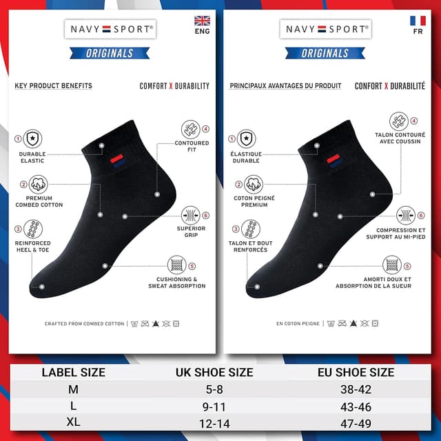 Detalle de NAVYSPORT Sneaker Socken (6 Paar) – kurze Baumwoll-Quarter-Sportsocken für Herren & Damen