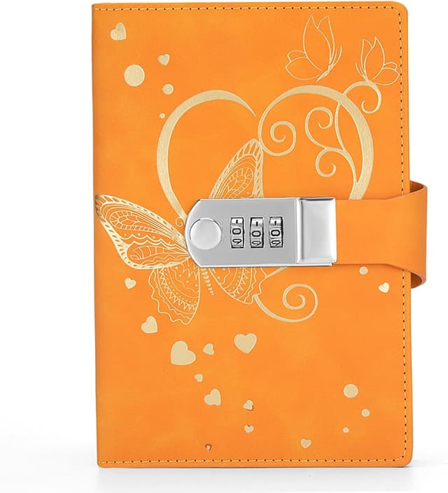 Detalle de Jalach B6 Tagebuch mit Zahlenschloss (Orange) – nachfüllbares Journal mit Schmetterling-Design