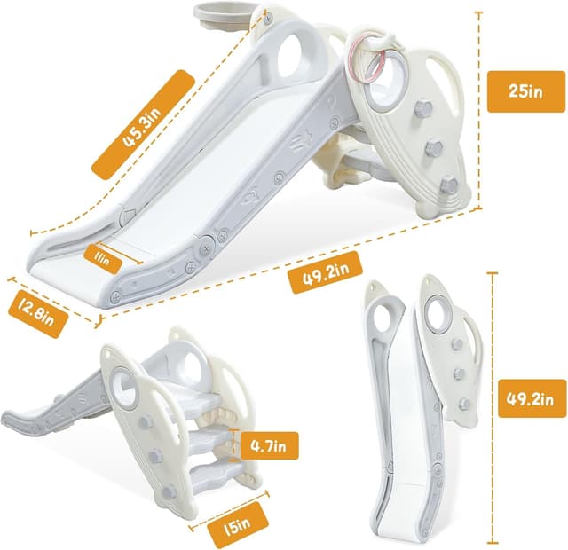 Thumbnail 6 de Onasti Kids Slide for Toddlers (Age 1–3) Freestanding & Folding Slide Playset with Basketball Hoop and Ring Toss, Grey
