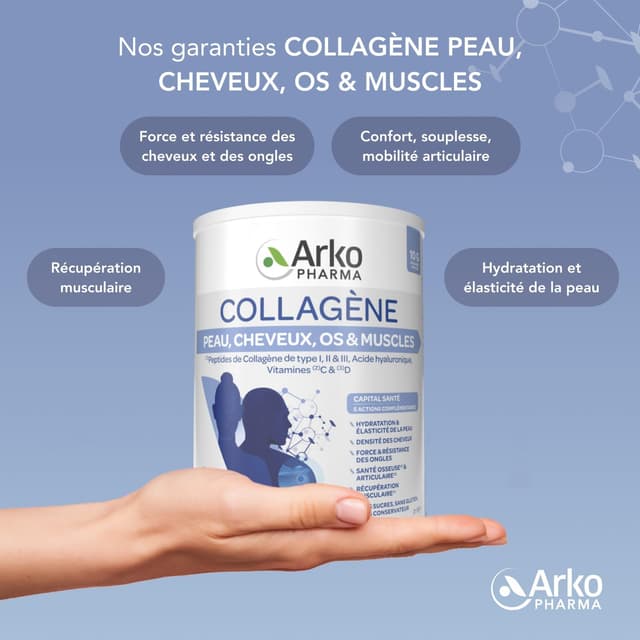 Detalle de Arkopharma Collagène Peau Cheveux Os & Muscles 260 g — complément alimentaire pour peau, cheveux, ongles, os et muscles