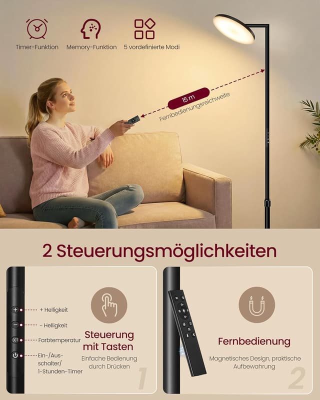 Thumbnail 6 de VASAGLE LED-Stehlampe LFL008BD02 für Wohnzimmer & Schlafzimmer – höhenverstellbar, drehbarer Kopf, Timer, Memory