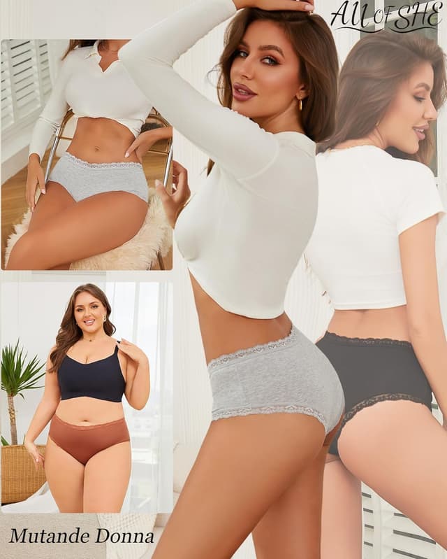 Detalle 2 de ALL OF SHE confezione da 6 mutande donna in cotone (slip brasiliana in pizzo), vita media, traspiranti S-XXL