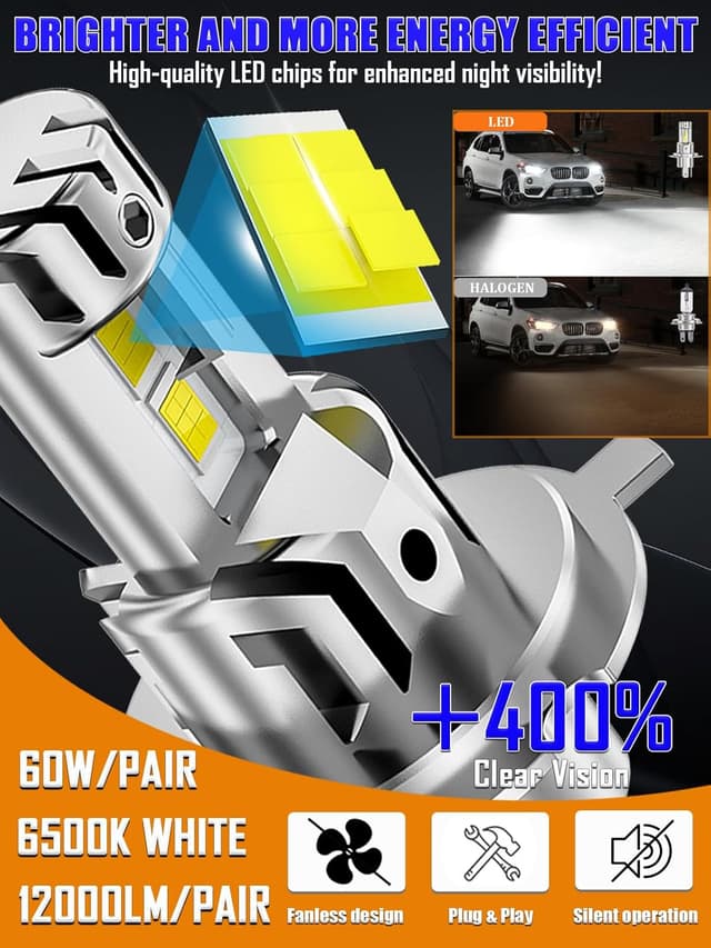Detalle 2 de XELORD LED Lampadine Auto H4 6500K (kit da 2) 12000 lm, plug & play per anabbaglianti e abbaglianti