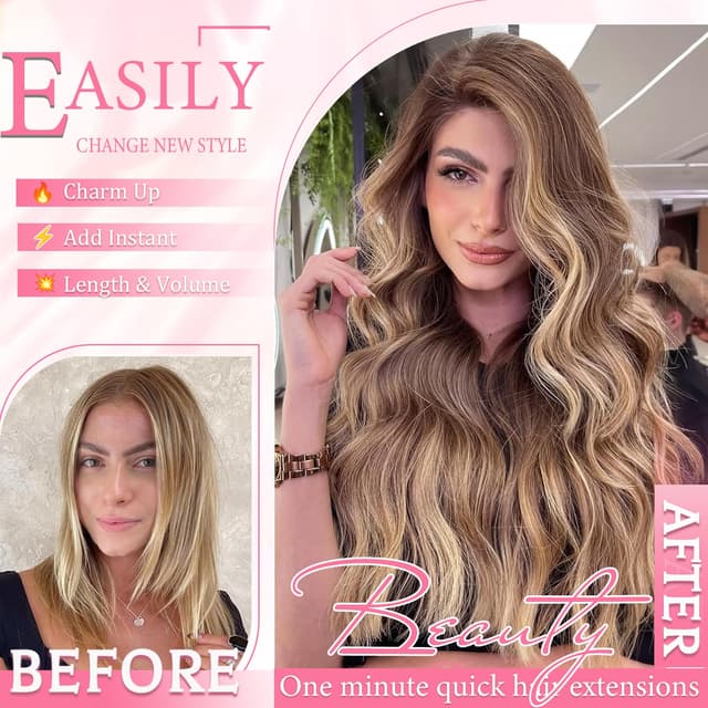 Detalle 2 de Clip-in Hair Extensions with Remy Human Hair (Seamless Balayage) – Chocolate Brown with Honey Blonde Highlights, 8 pcs, 24 inch, 120g