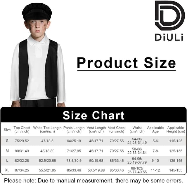 Detalle de DiULi Children’s Victorian Boy 4-Piece Costume Set (Vest, Hat, Trousers & Shirt) for World Book Day & School Plays