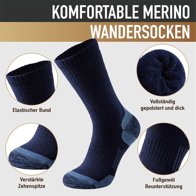 Detalle de Niorasen Merino Wandersocken – 3 Paar Outdoor-Trekkingsocken aus Merinowolle für Herren & Damen