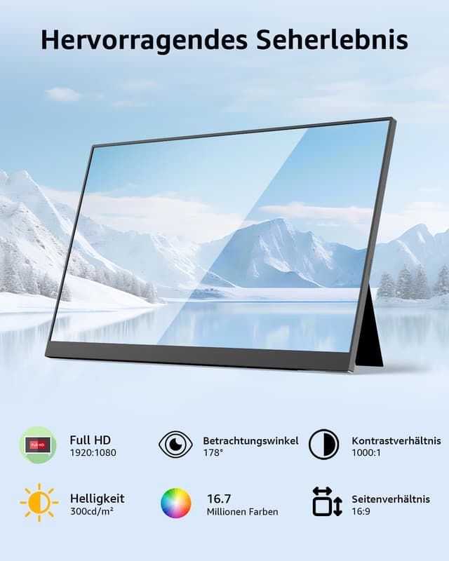 Detalle de Yodoit Portable Monitor (15,6 Zoll, Full HD) mit IPS, USB-C und integrierten Lautsprechern