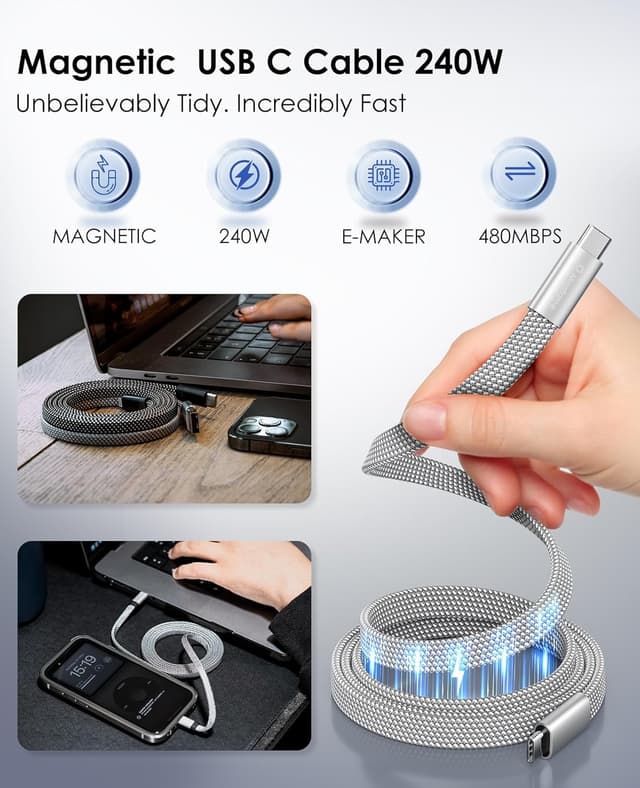 Detalle 2 de Magtame Flat 240W Magnetic USB‑C Cable 1M