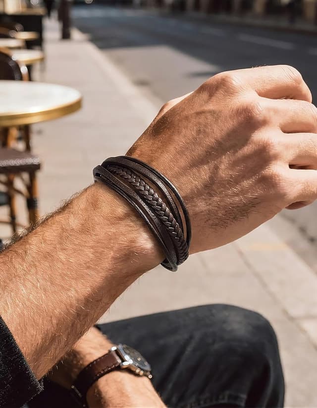 Detalle de Bandmax Herren Lederarmband im Wickel-Look mit Magnetverschluss, braun