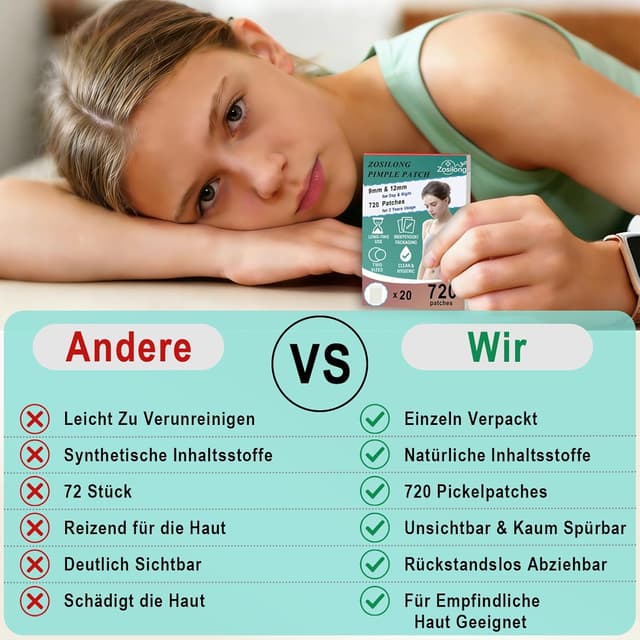 Detalle de Zosilong 720 unsichtbare Pickel-Patches – hautfreundliche Pimple Patches für Tag & Nacht