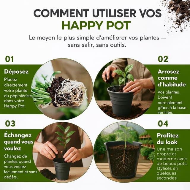 Detalle de Happy Pots lot de 10 pots de fleurs en plastique recyclé 12,5 cm avec trous de drainage (noir)