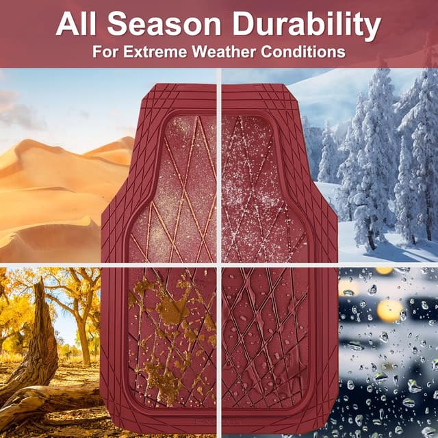Detalle de CAR PASS Heavy Duty Rubber Car Floor Mats (3-Piece) — Waterproof Universal Trim-to-Fit All-Weather in Burgundy Red