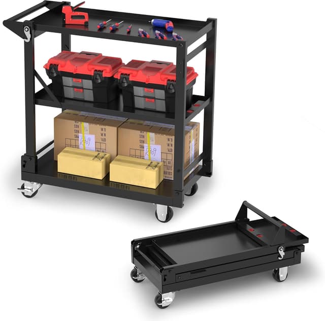 Detalle de WORKPRO Servierwagen 3-in-1 klappbar – Rollwagen mit 3 Etagen für Küche, Werkstatt & Galerie