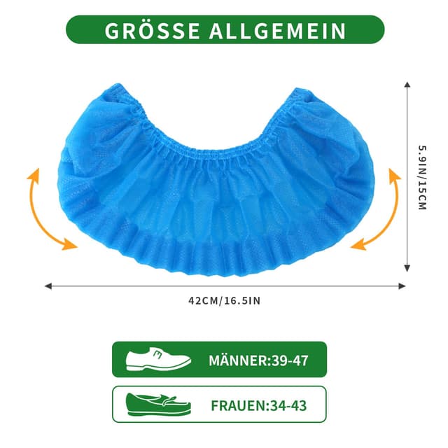 Detalle 2 de 100er-Pack Einweg-Schuhüberzieher aus Vlies (rutschfest, atmungsaktiv) – passend bis Größe 47, Blau