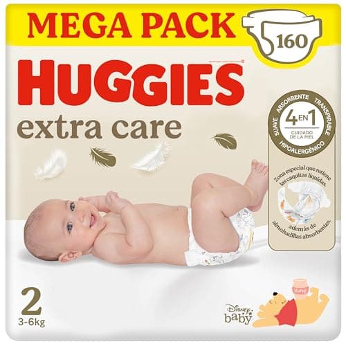 Detalle de HUGGIES Extra Care Pañales para Recién Nacido Talla 2 (3-6 kg) con diseños Disney, 160 pañales
