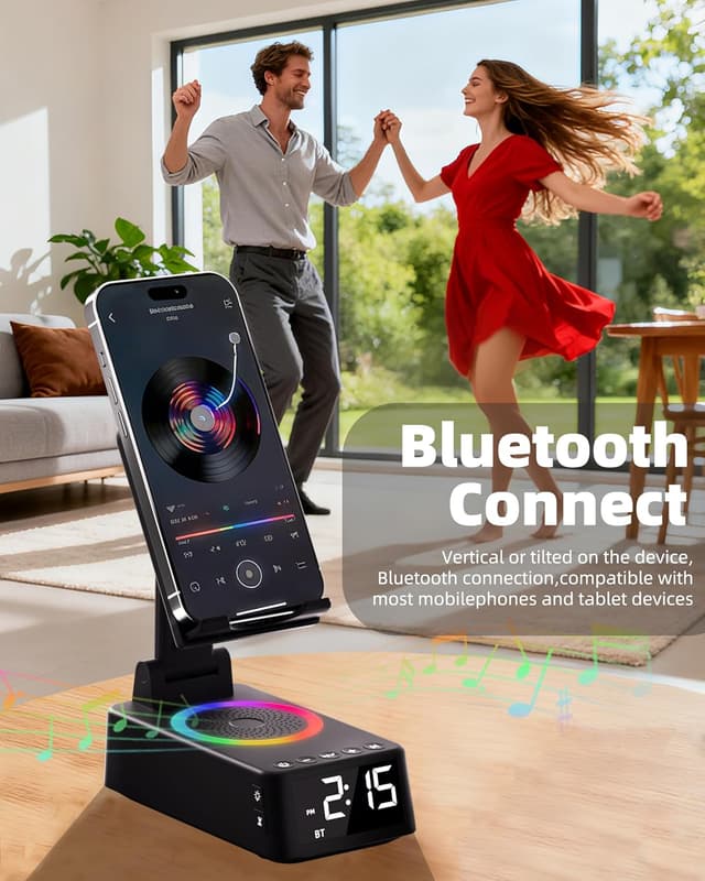 Detalle de Caulikine 6-in-1 Alarm Clock with Bluetooth Speaker, Phone Stand, White Noise & Ambient Light