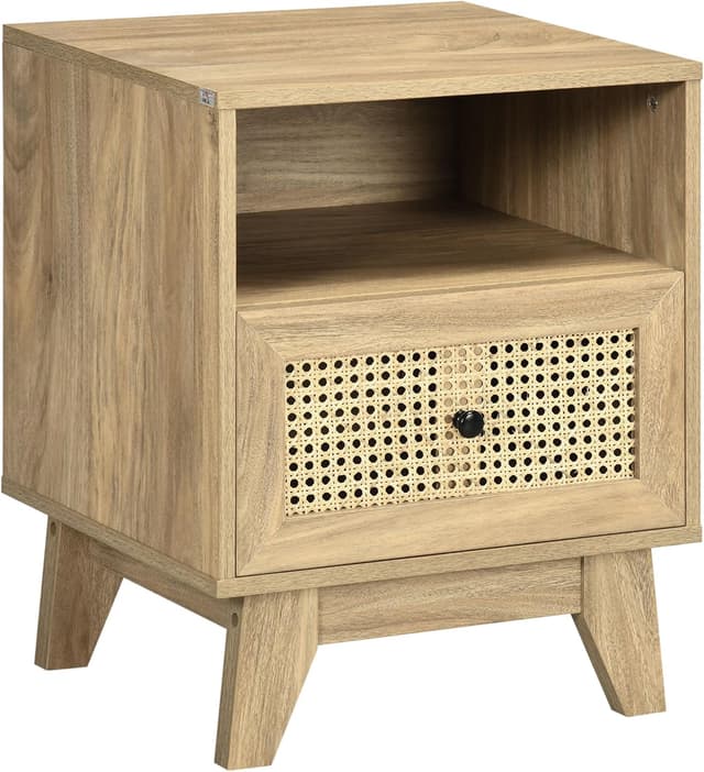 Detalle de HOMCOM table de chevet avec porte en cannage, tiroir et niche 45 x 39 x 56,5 cm