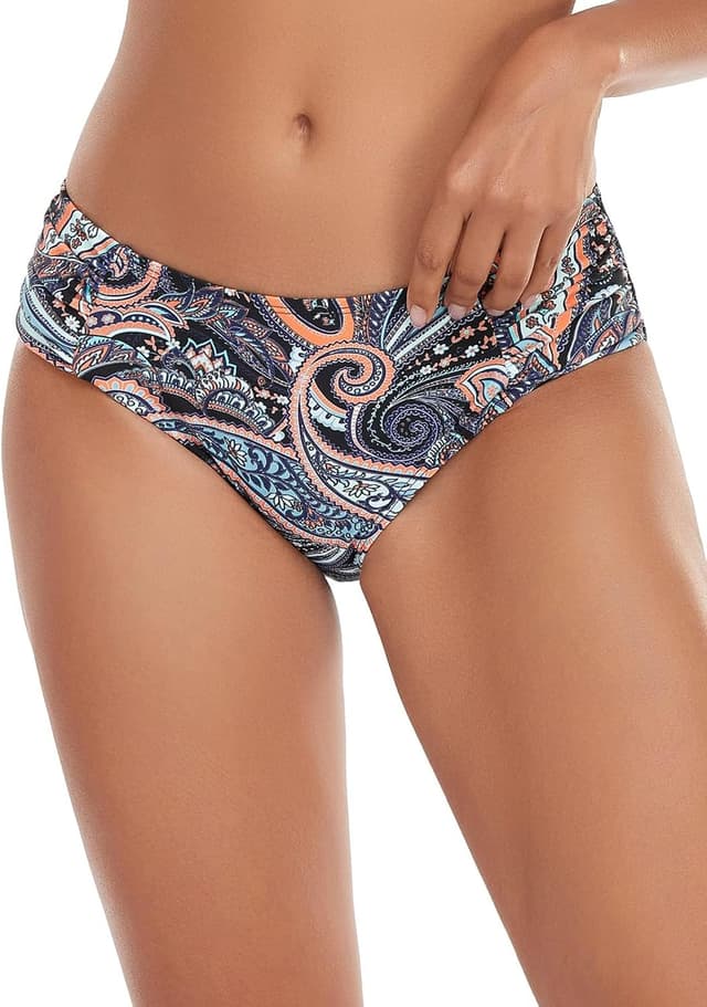 Detalle de Ocean Blues Women’s Ruched Sides Bikini Bottom – mid-waisted tummy control with full back coverage