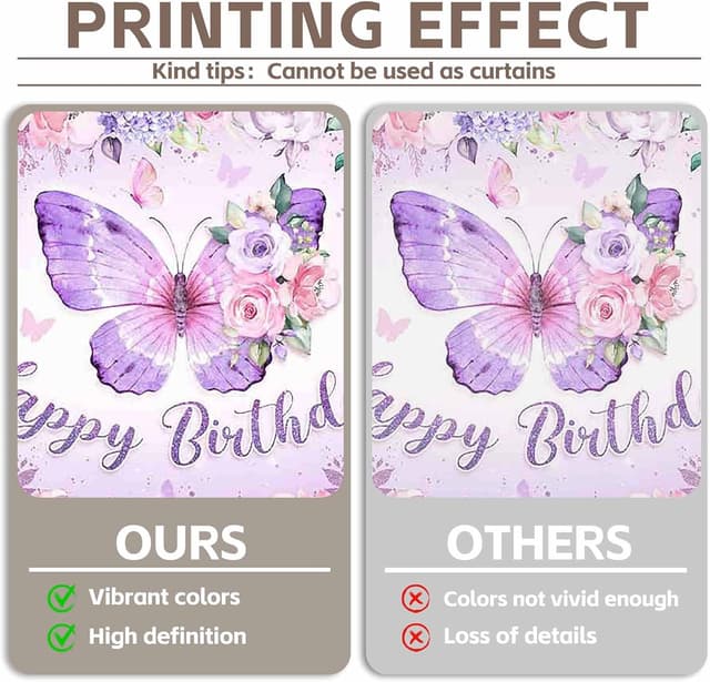 Detalle 2 de Luminora 72x43 inch Purple Butterfly Happy Birthday backdrop (watercolour floral pink rose)