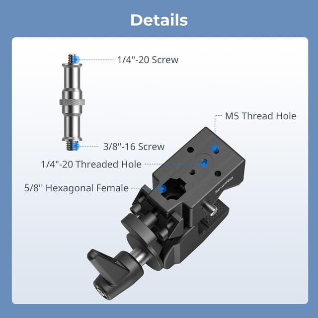 Detalle de SMALLRIG Kit de pinces haute performance (lot de 2) avec filetage 1/4"-20 et 3/8"-16, capacité jusqu’à 15 kg