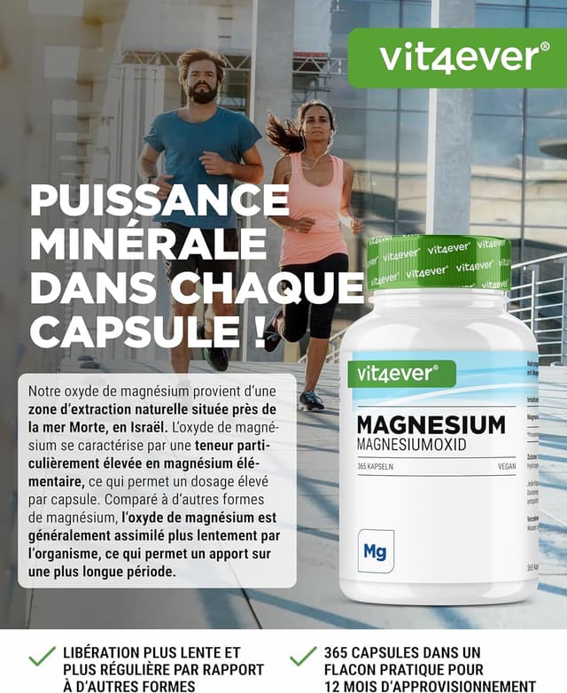 Detalle 2 de Vit4ever Magnésium à haute dose – 365 gélules (réserve annuelle) : 400 mg de magnésium élémentaire