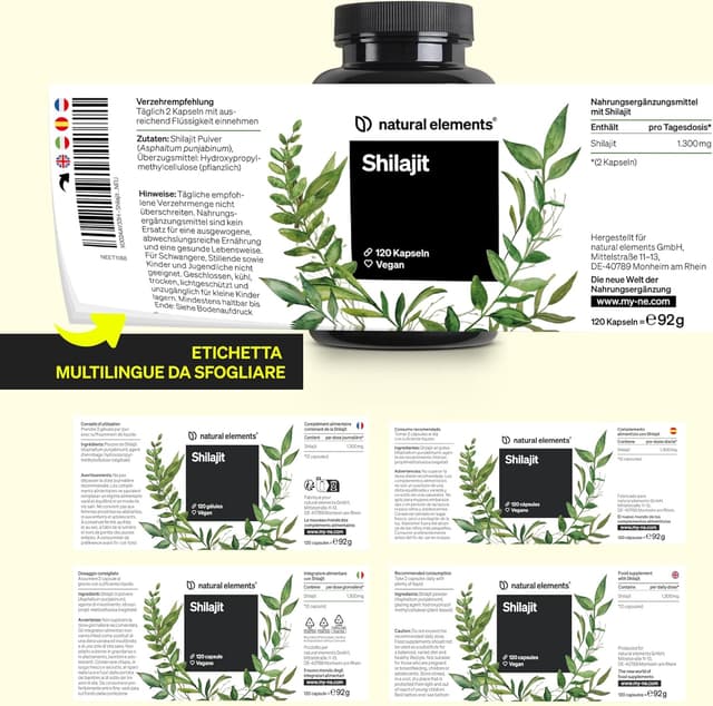 Detalle de natural elements Integratore di Shilajit 1300 mg per dose – 120 capsule vegane (prodotto in Germania, testato in laboratorio)