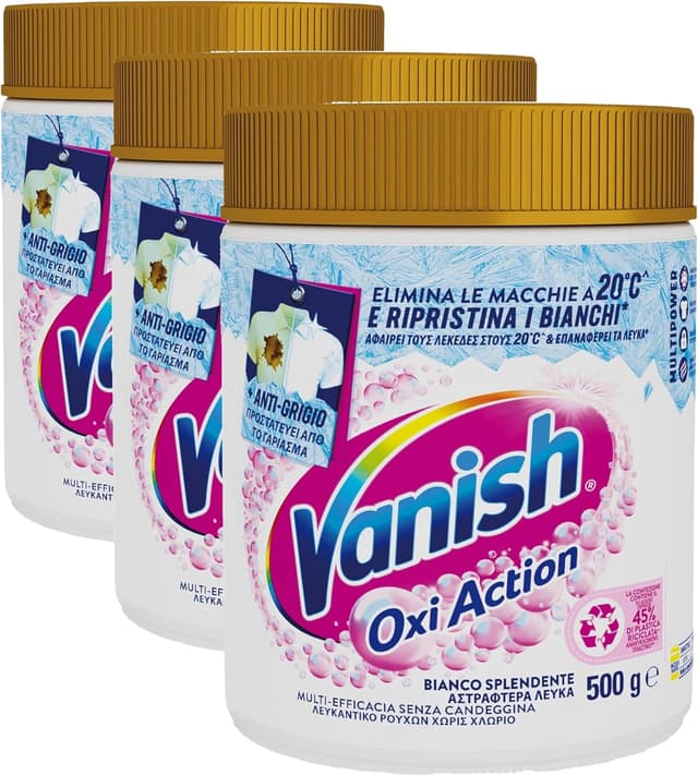 Detalle de Vanish Oxi Action Multipower Polvere Bianco Splendente – smacchiatore per capi bianchi in lavatrice e ammollo, 3 confezioni da 500 g