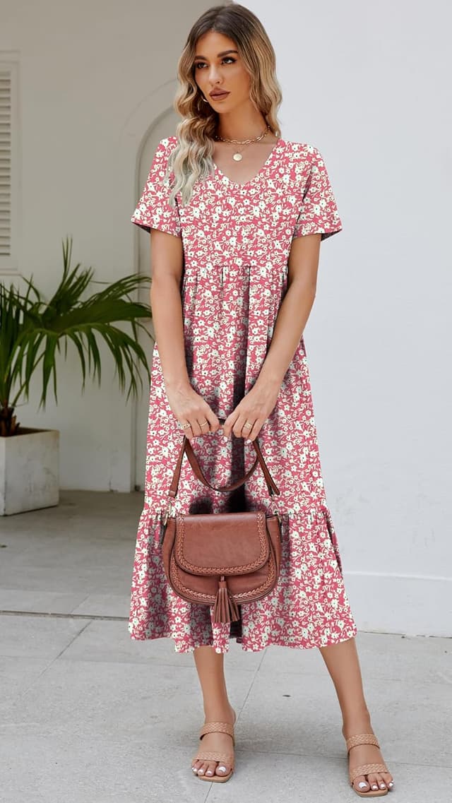 Detalle 2 de Women's 2026 Summer Short Sleeve V-Neck Swing Dress with Tiered Maxi Skirt and Pockets