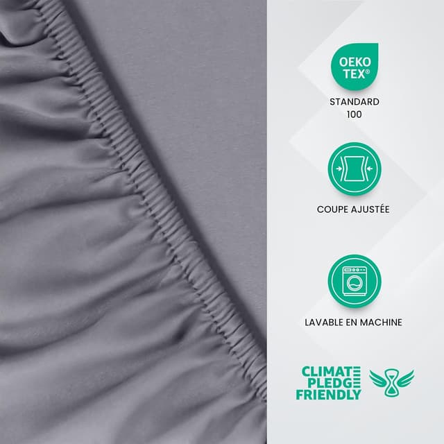 Detalle de Utopia Bedding Drap-housse gris 180 x 200 cm – Oeko-Tex, bonnets 35 cm, microfibre brossée