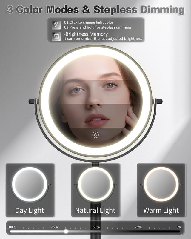 Detalle de VFD 30X/1X Lighted Makeup Mirror with Height Adjustment and Rechargeable Battery