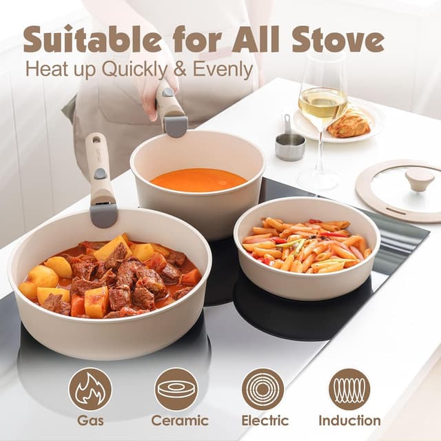 Detalle 2 de SENSARTE 17-piece ceramic nonstick cookware set with detachable handle (Almond Beige)