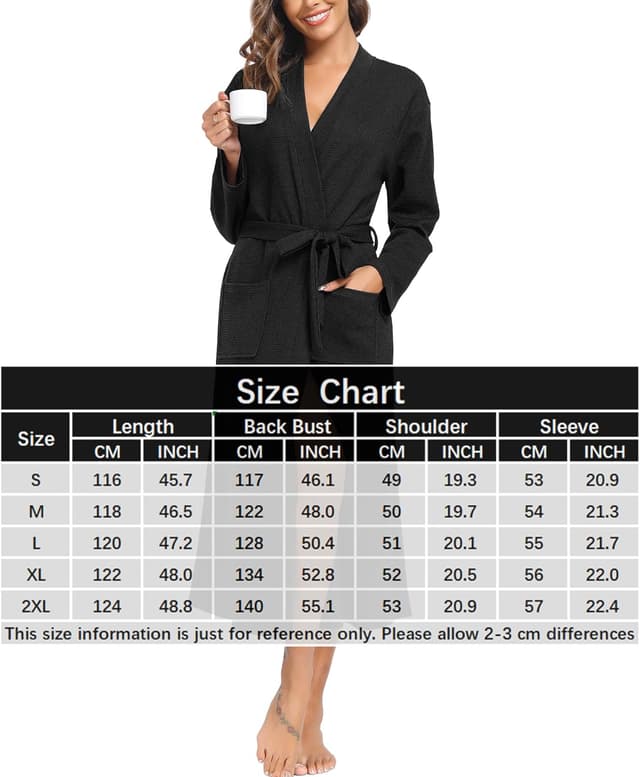 Detalle 2 de Sopesil Peignoir en coton pour femme (kimono de nuit) à col V et longues manches, avec poches