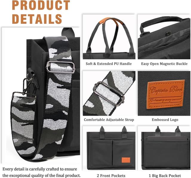 Detalle de Captain Blues canvas tote bag for women with multi-pocket compartments (36 × 14 × 27cm)