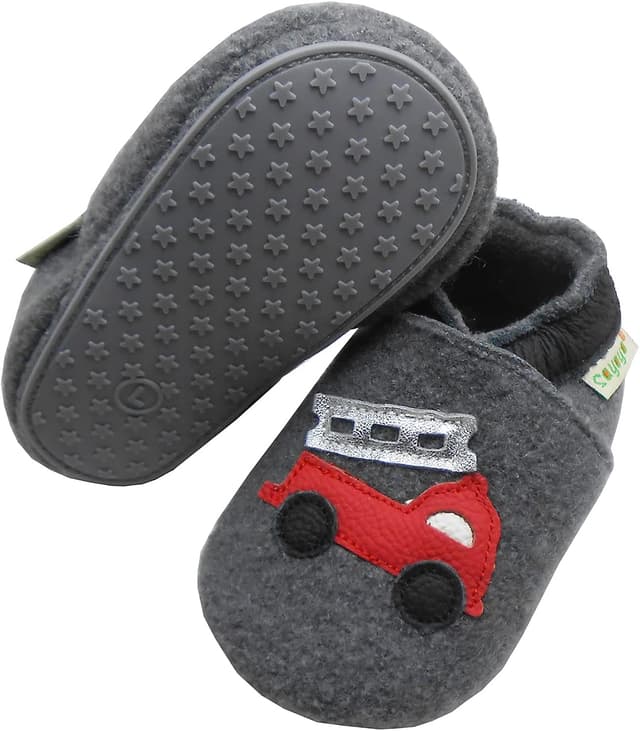 Detalle de SAYOYO Krabbelschuhe aus reiner Schurwolle für Jungen & Mädchen – rutschfeste Gummisohle