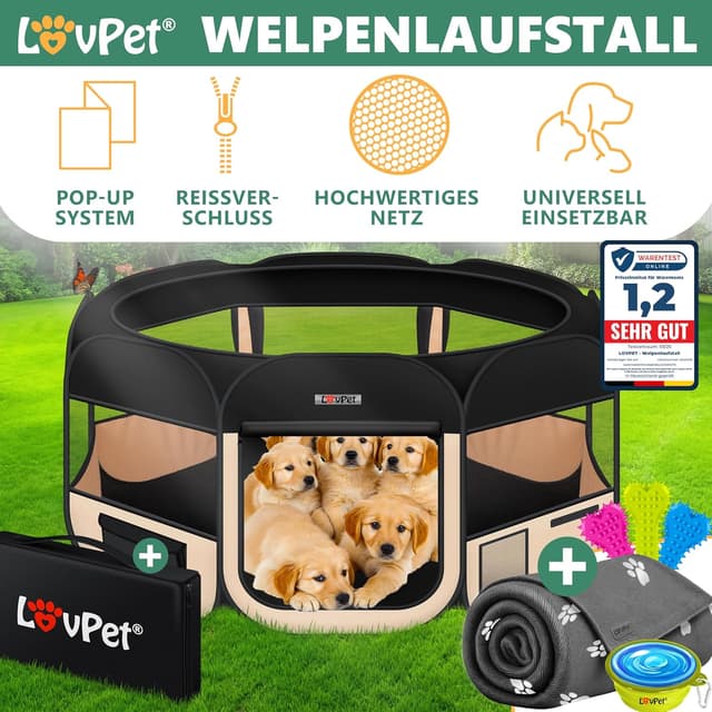 Detalle 2 de LOVPET Welpenlaufstall faltbar (Pop-up) für Kleintiere & Hunde/Katzen inkl. Hundenapf und Fleece-Decke, Schwarz/Beige