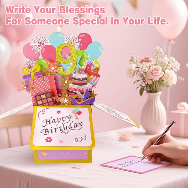 Detalle de Hierein 9th Birthday Pop Up Card (Pink) – 3D Golden “9” for a 9 Year Old Girl