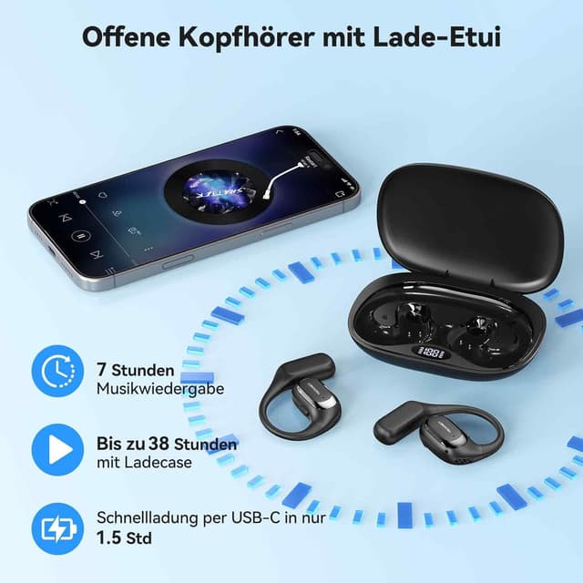 Detalle 2 de TECKNET Open-Ear Bluetooth-Kopfhörer mit Bluetooth 6.0, Bass Boost, IPX5 und bis zu 38 Stunden Laufzeit