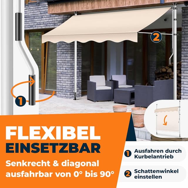 Detalle de KESSER® Klemmmarkise mit Handkurbel & LED-Lichterkette (ohne Bohren) für Balkon, Terrasse & Garten – höhenverstellbar, UV-beständig, wasserabweisend