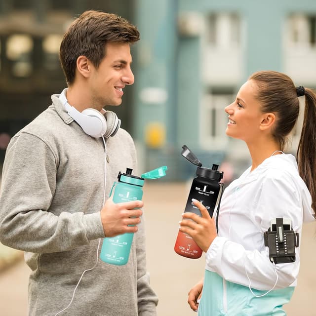 Detalle de Baramumu Borraccia Sport 1000 ml senza BPA con indicatore del tempo e citazioni motivazionali – blu & verde