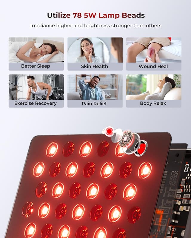 Detalle 2 de FliKEZE Infrarotlampe mit 7 Wellenlängen, 78 LEDs (Tri- & Quad-Chip) und verstellbarem Ständer – Rotlichttherapie Panel