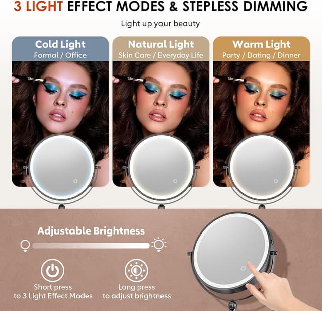 Detalle 2 de ZLOKLA 9" Wall Mounted Lighted Makeup Mirror with 1X/20X Magnification, Rechargeable 4000mAh Battery, 3-Color Dimmable Lights